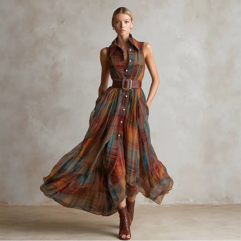 Retro Red-Brown Plaid Chiffon Sleeveless Maxi Dress