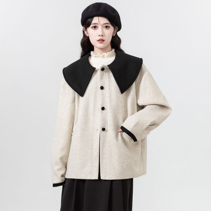 Color-Block Peter Pan Collar Wool Coat Women's Thickened Petite Fit