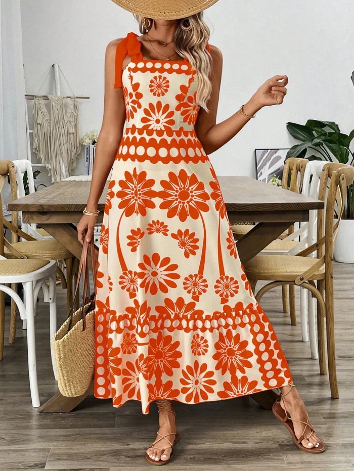 Women's Printed Smocked Cami Dress High Waist Bodycon Midi