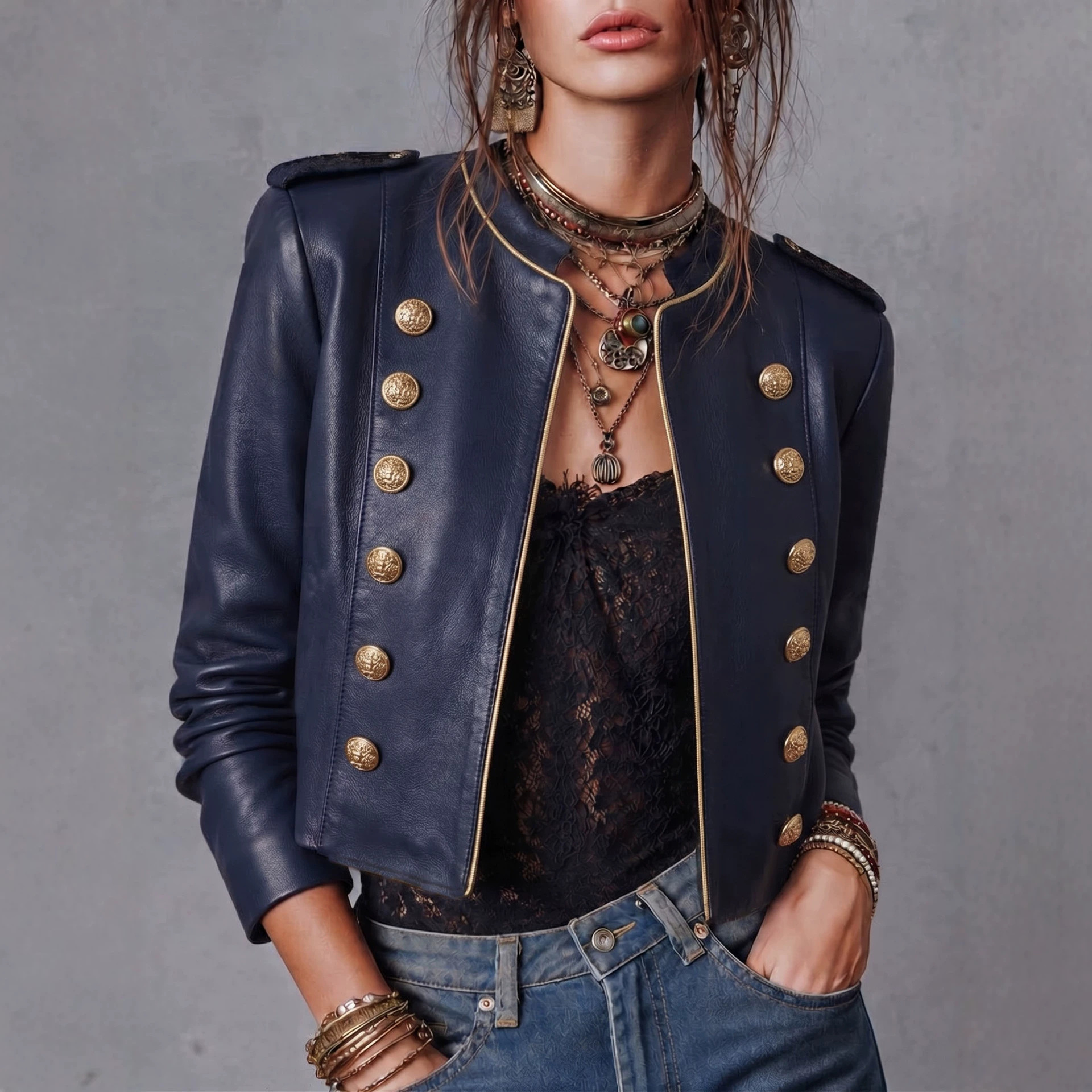 Vintage Court-Style Napoleon Double-Breasted PU Leather Cropped Jacket