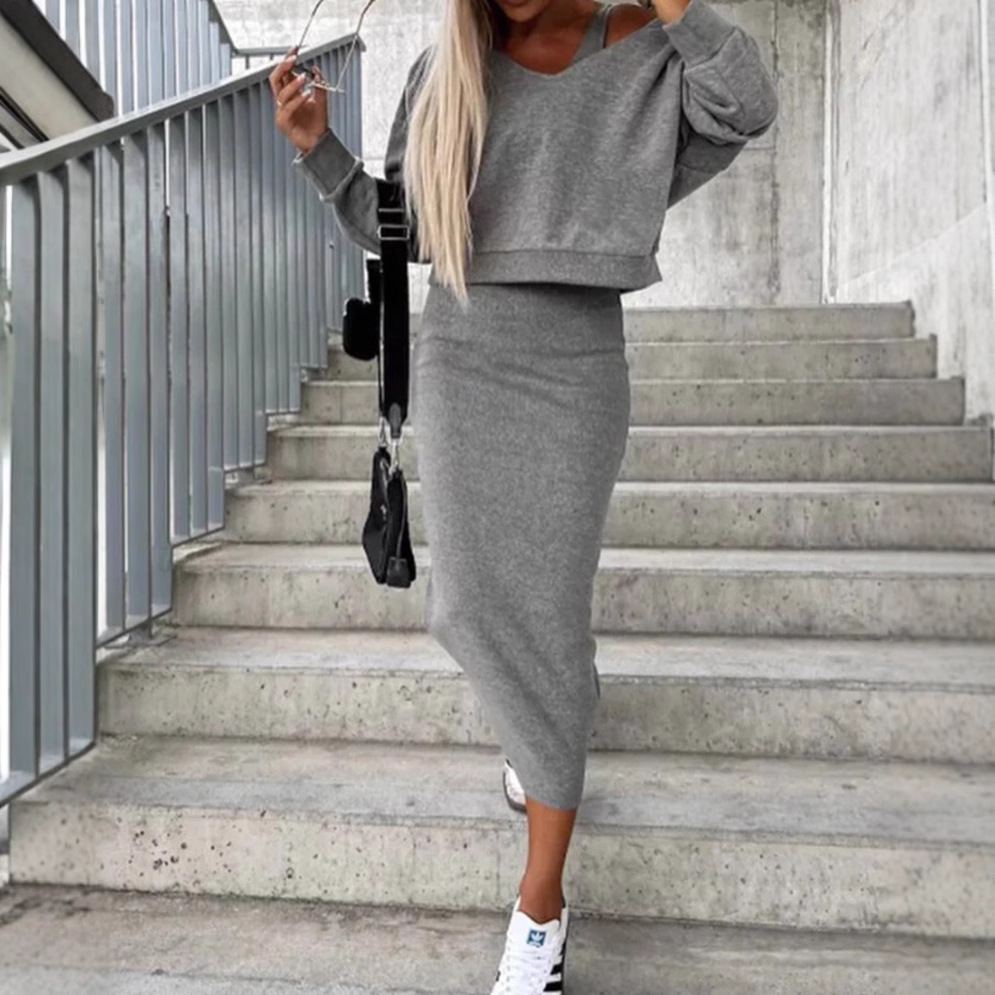 V-Neck Knit Sweatshirt & Cami Dress Two-Piece Set