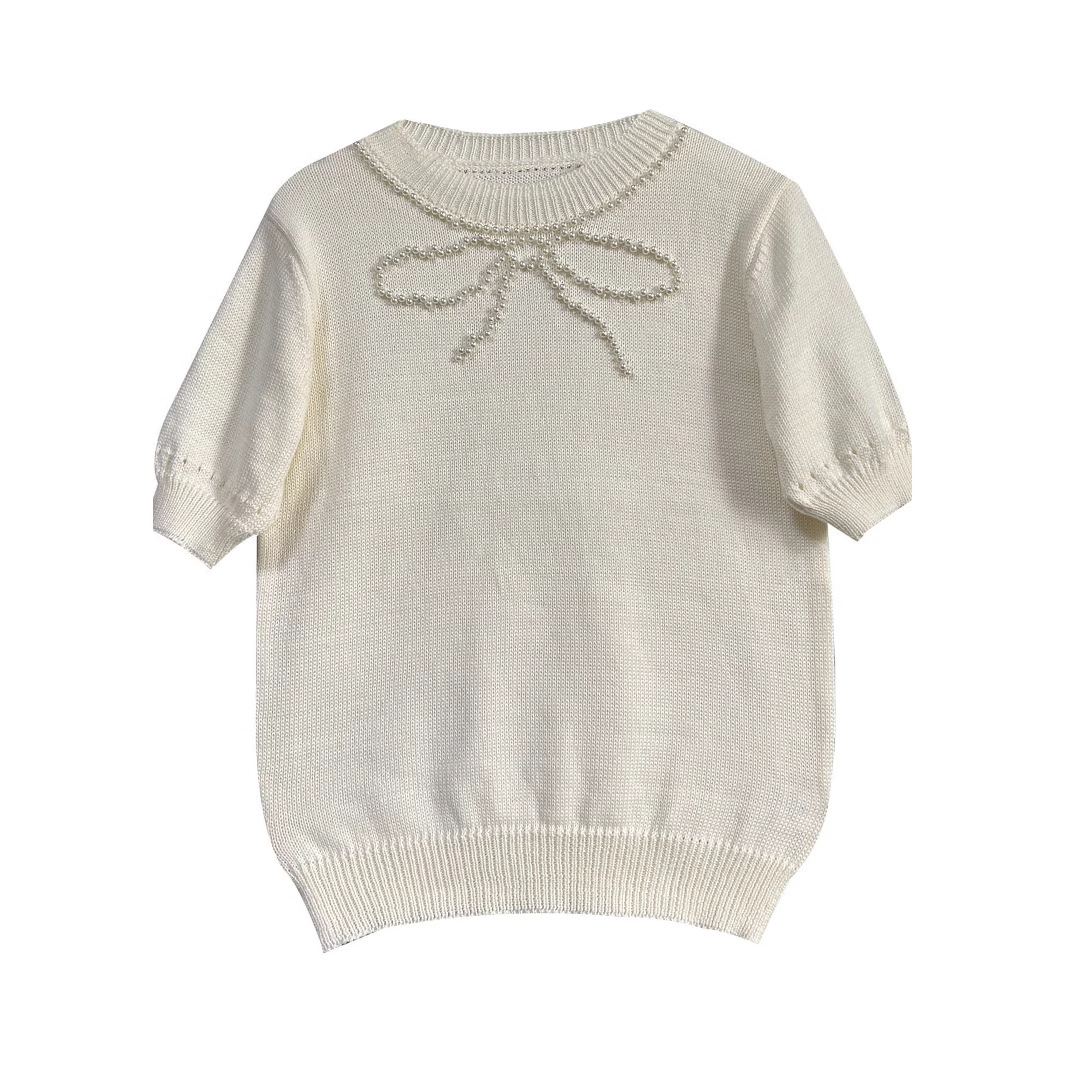 Women's Slim-Fit Short-Sleeve T-Shirt with Bow and Rhinestone Detail