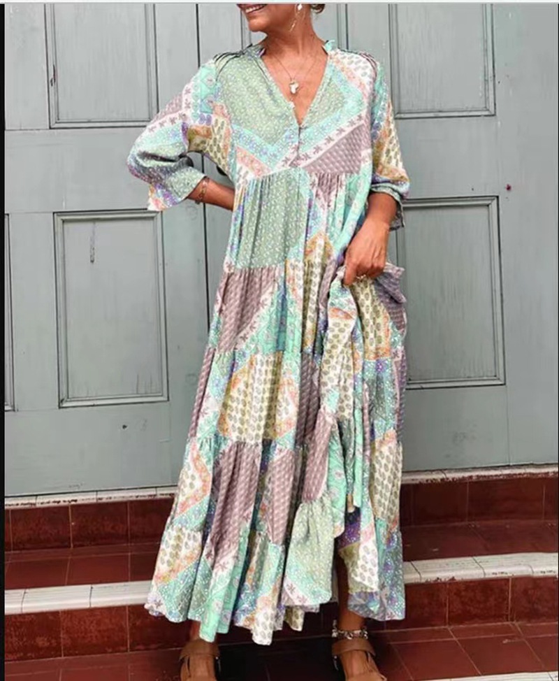 V-Neck Colorblock Casual Loose Long Dress