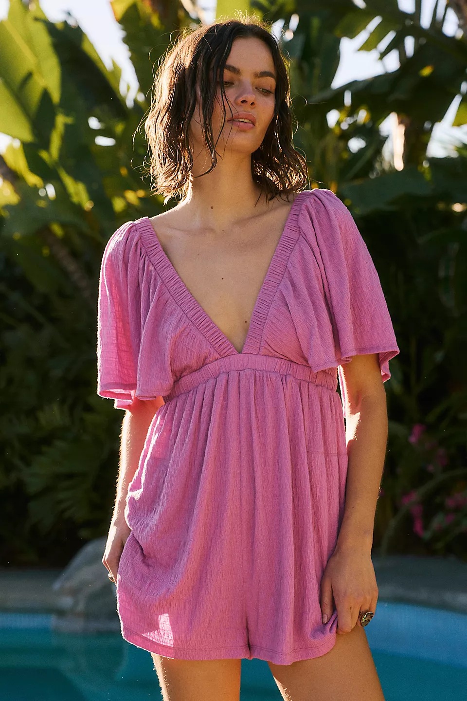 Women's V-Neck Open-Back Short-Sleeve Solid Loose Casual Jumpsuit