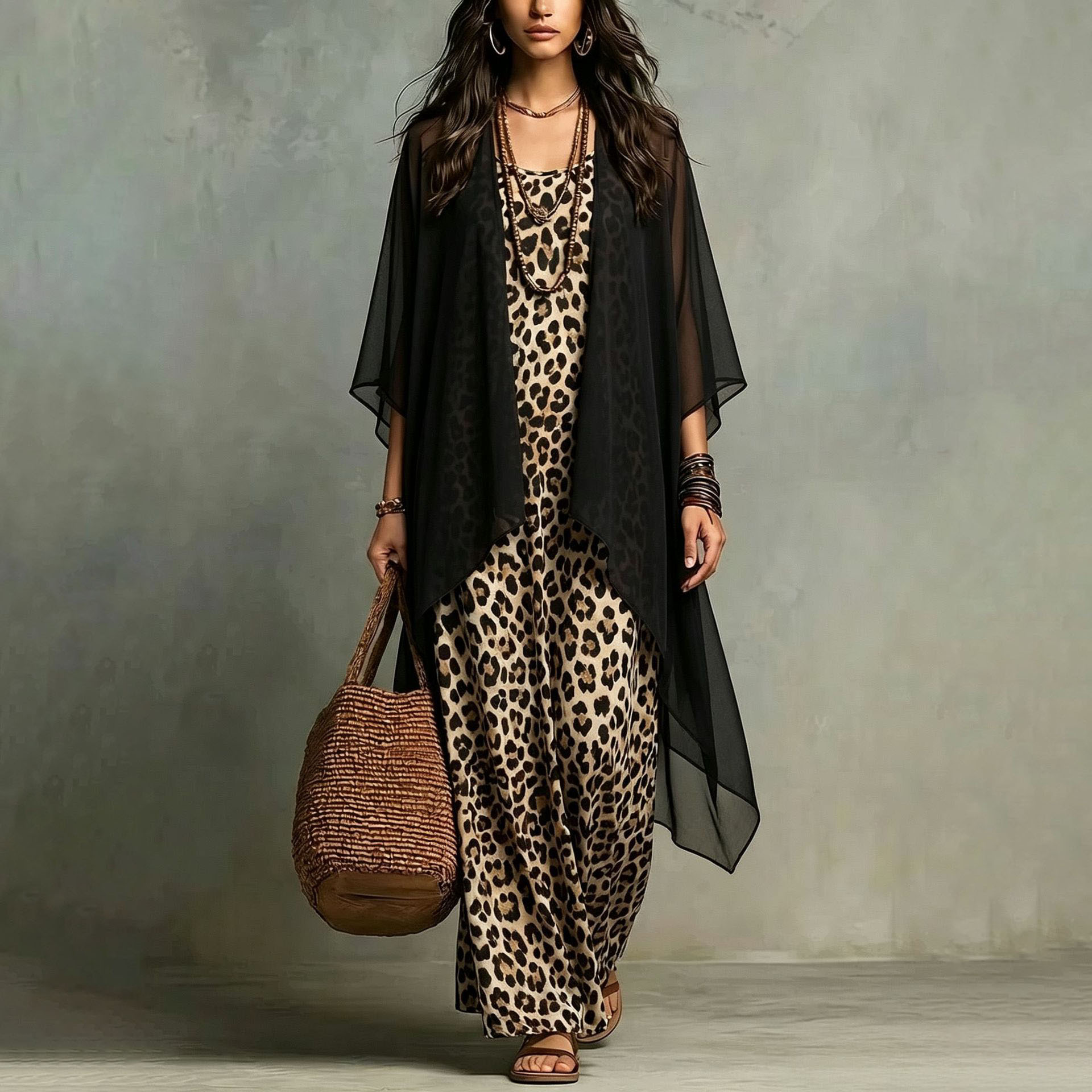 Leopard Print Cami Maxi Dress and Cardigan Two-Piece Set