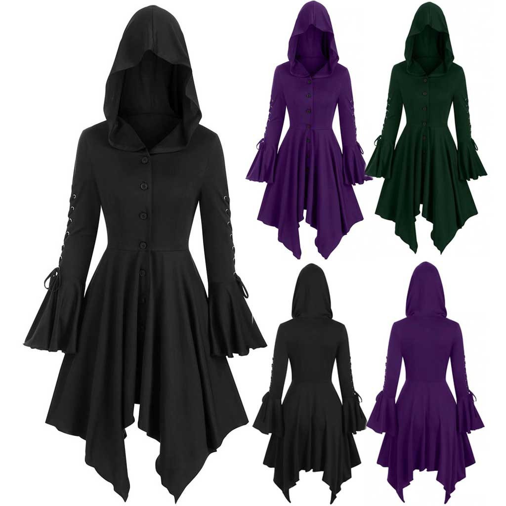Women's Lace-Up Hooded Ruffle Sleeve Asymmetrical Cape Dress