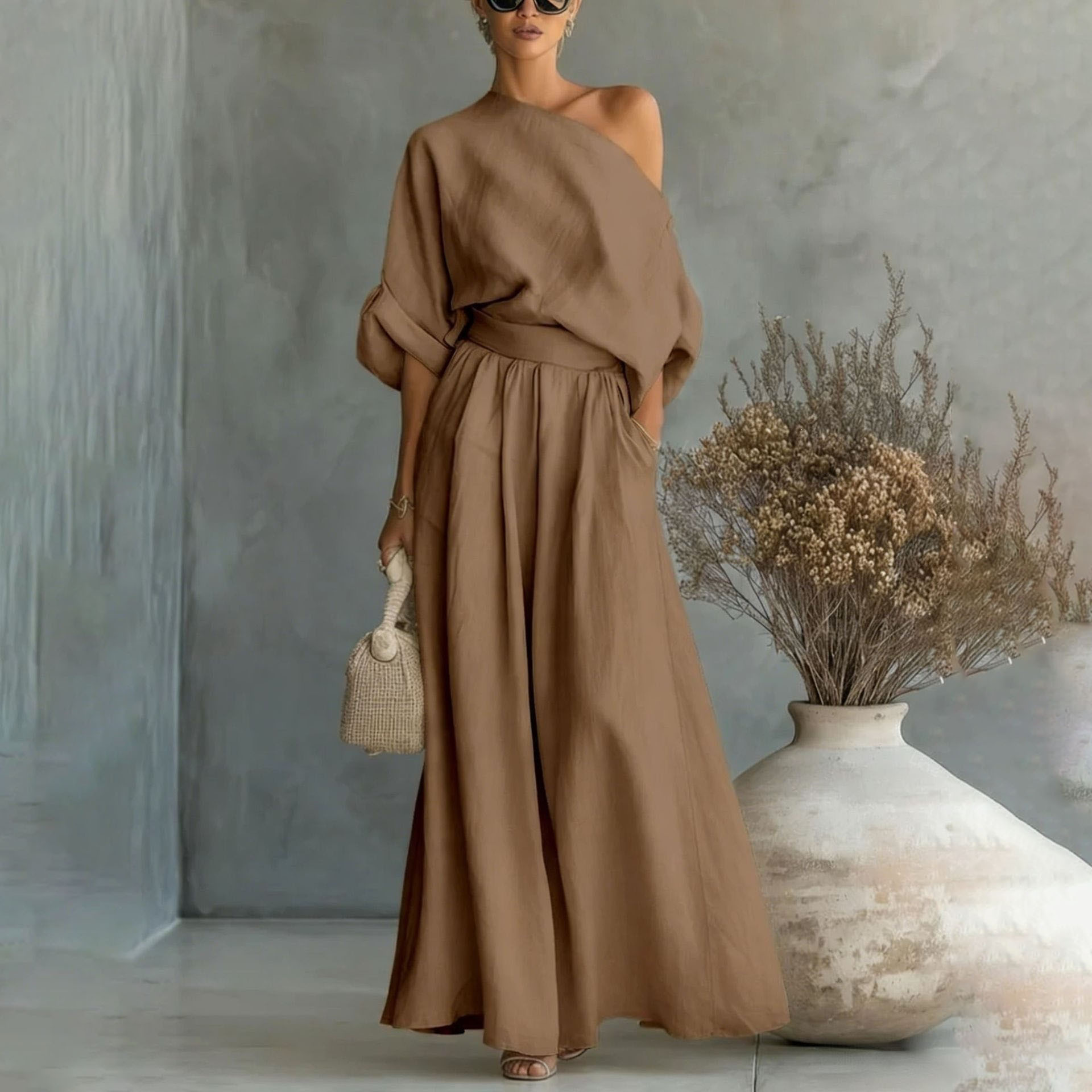 Women's Off-Shoulder Two-Piece Set Solid Color Pocket Wide-Leg Pants Casual Loose Fit