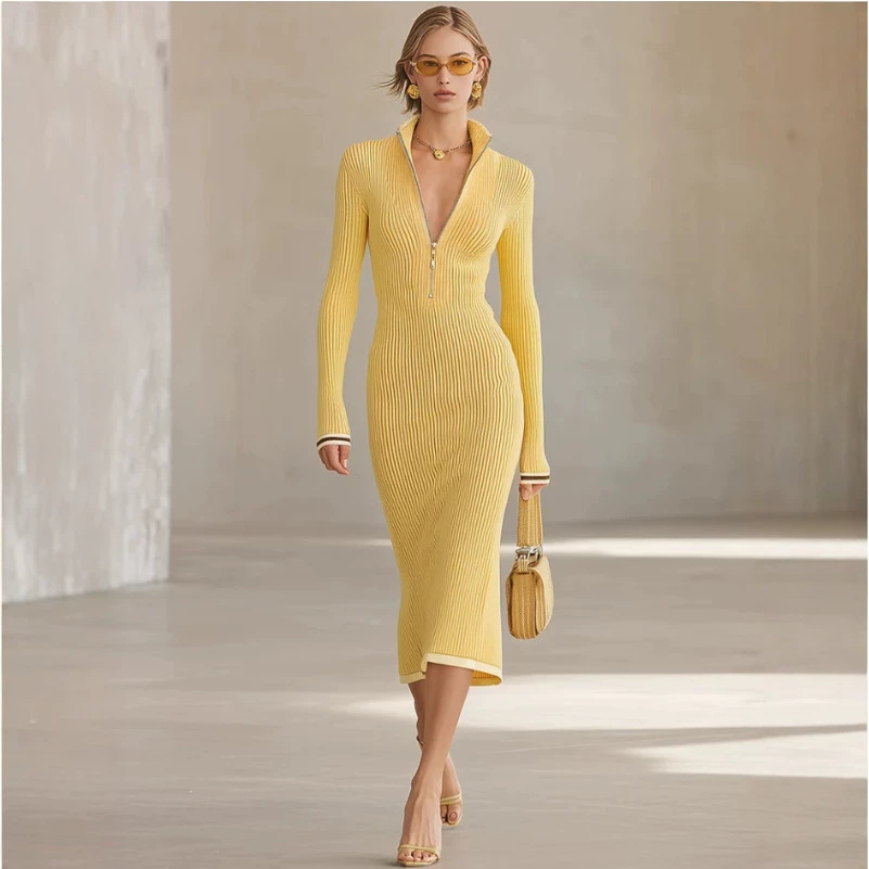 Vintage-Style Elegant Yellow Long Dress with Stand Collar