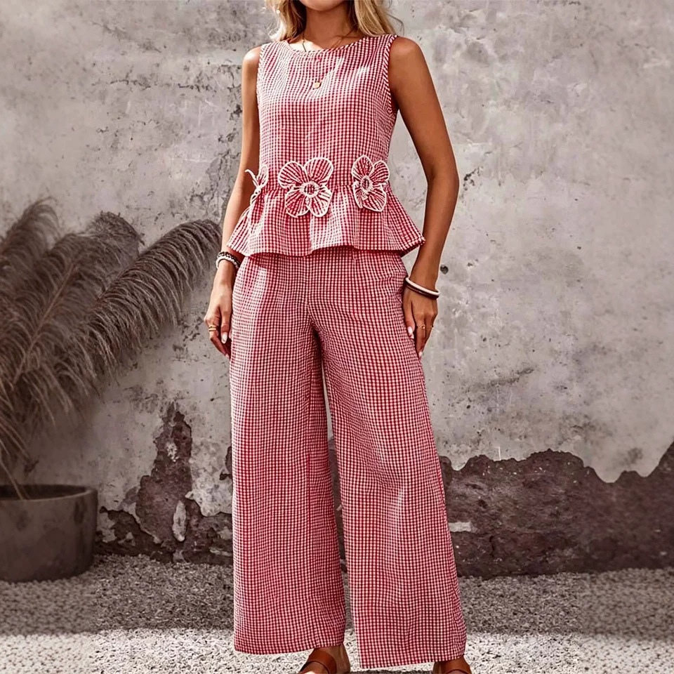 Women's Striped Floral Cotton-Linen Top and Pants Set
