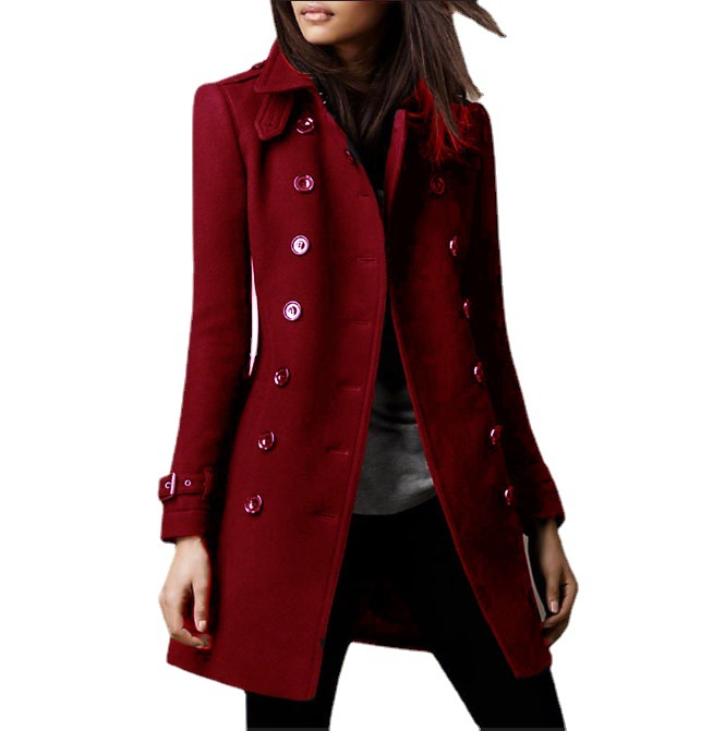 Women's Faux Wool Coat with Stand Collar and Double-Breasted Front, Loose Mid-Length Fit