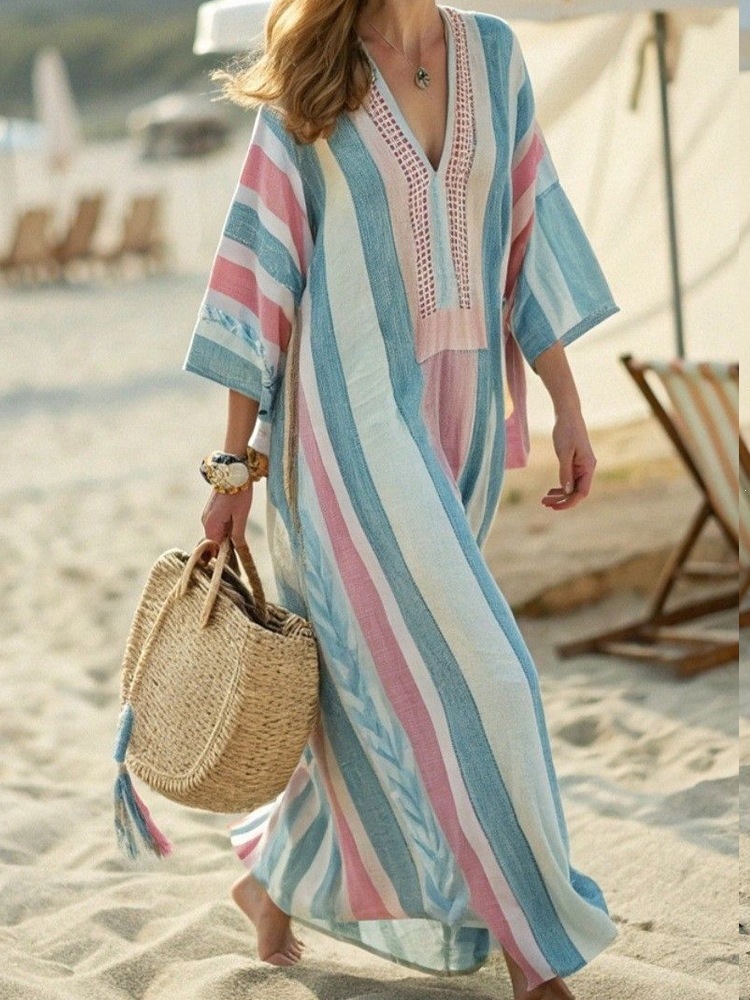 Women's Striped Plaid A-Line Midi Dress Long Sleeve Deep V-Neck Casual