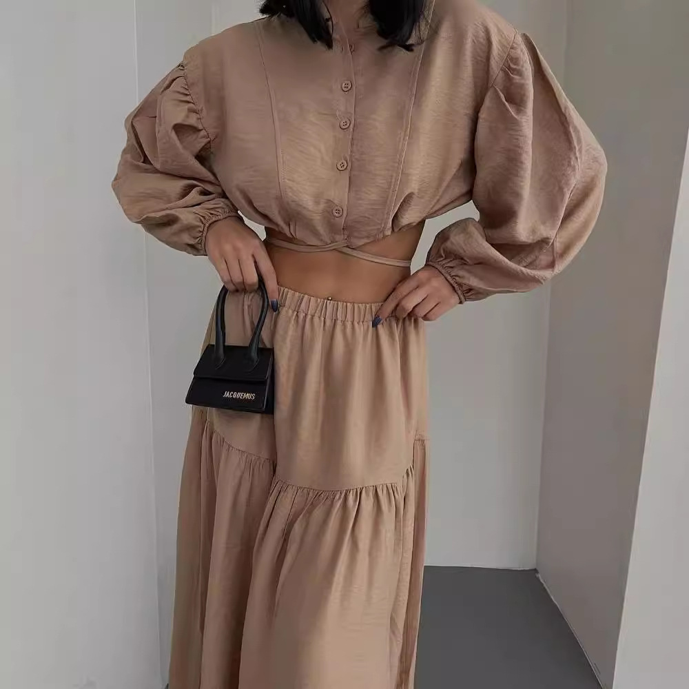 Tie-Front Long-Sleeve Top and Pleated Slit Midi Skirt Set