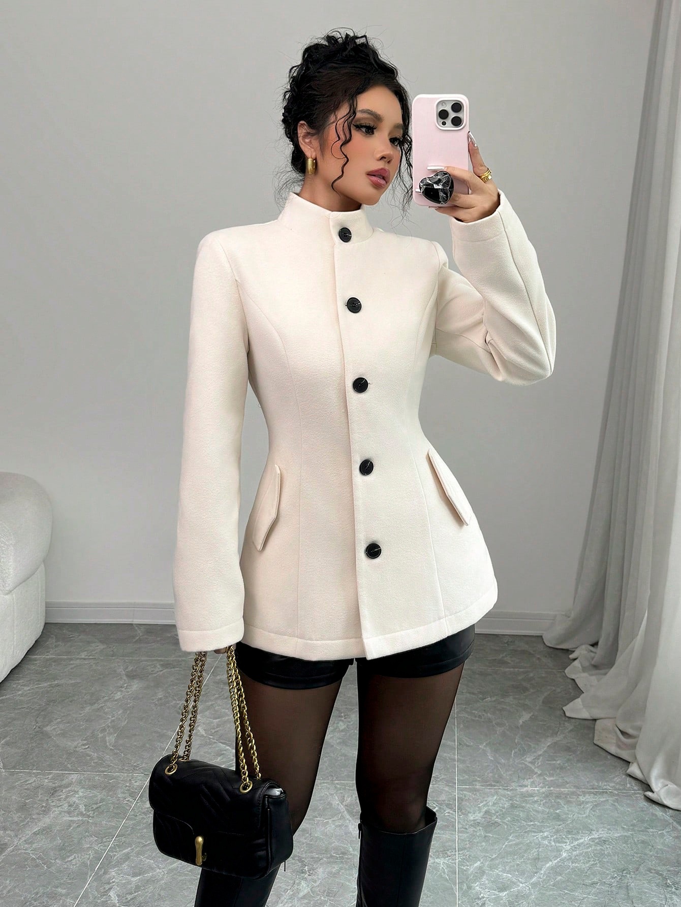 Women's Button-Up Slim Fit Wool-Blend Coat with Stand Collar