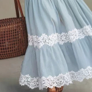 Bohemian Lace Trim Light Blue Cotton-Linen Long Dress
