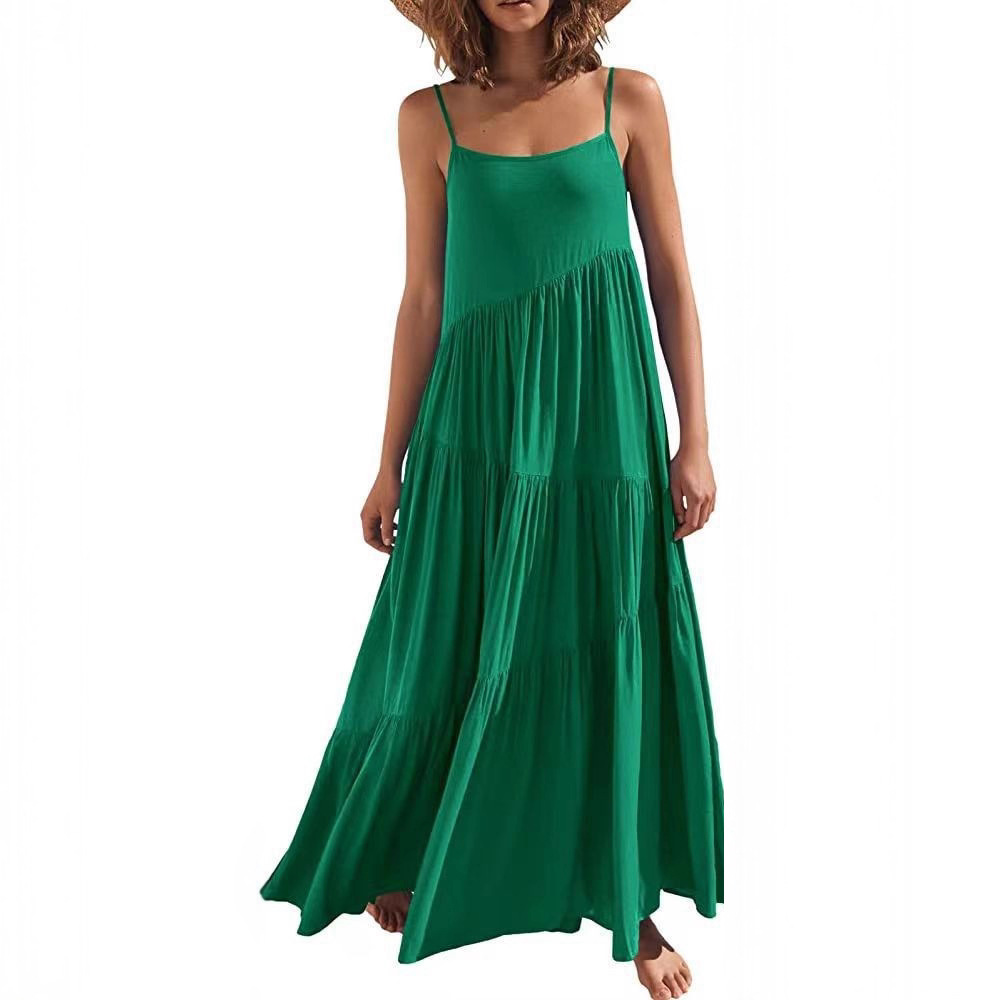 Women's Summer Loose Solid Pleated Sleeveless Halter Long Dress