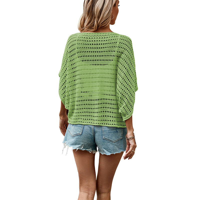Women's Round Neck Hollow-Out Short Sleeve Knit Top