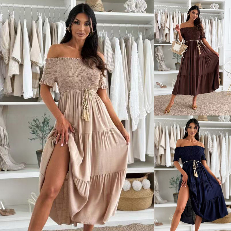 Solid Color Short Sleeve Tie-Waist Paneled Dress