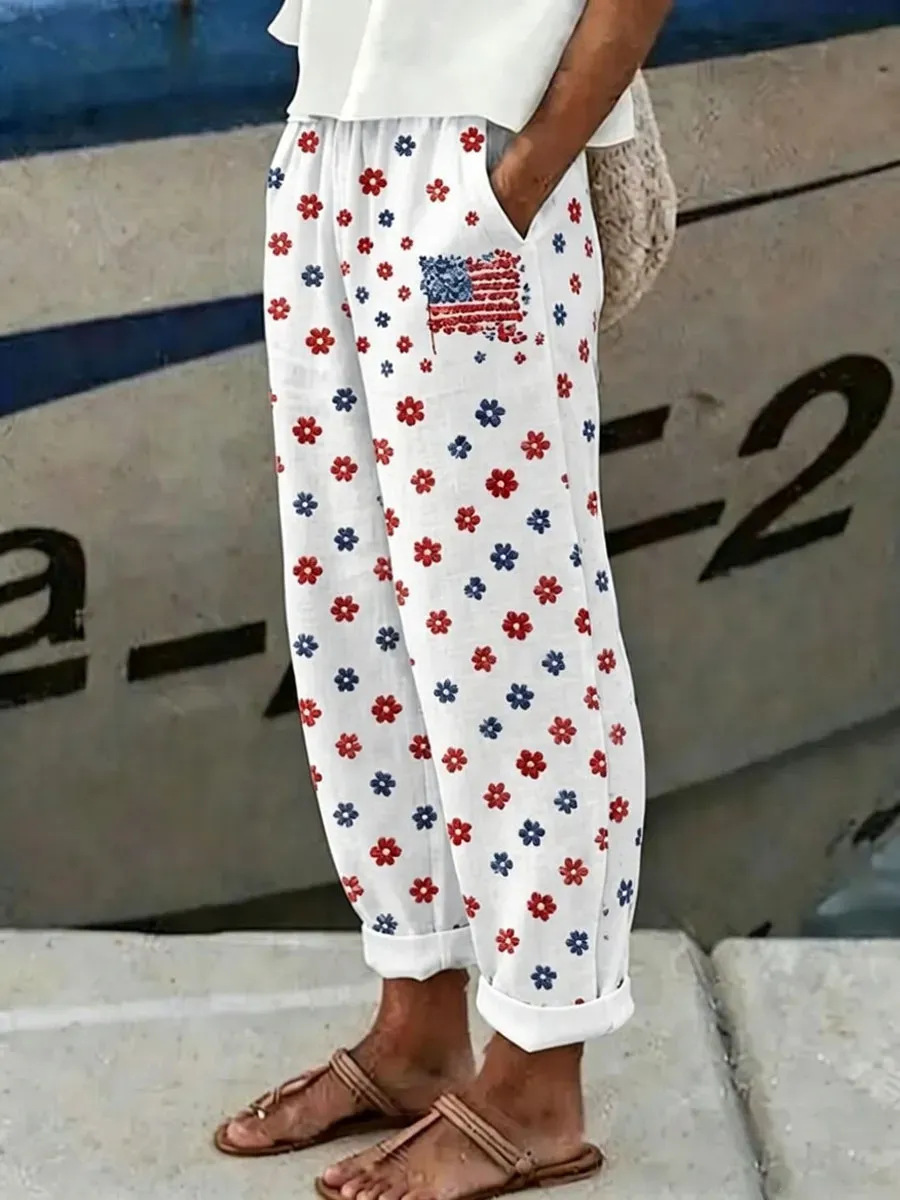 Women's American Flag Print Jogger Pants Casual Tapered