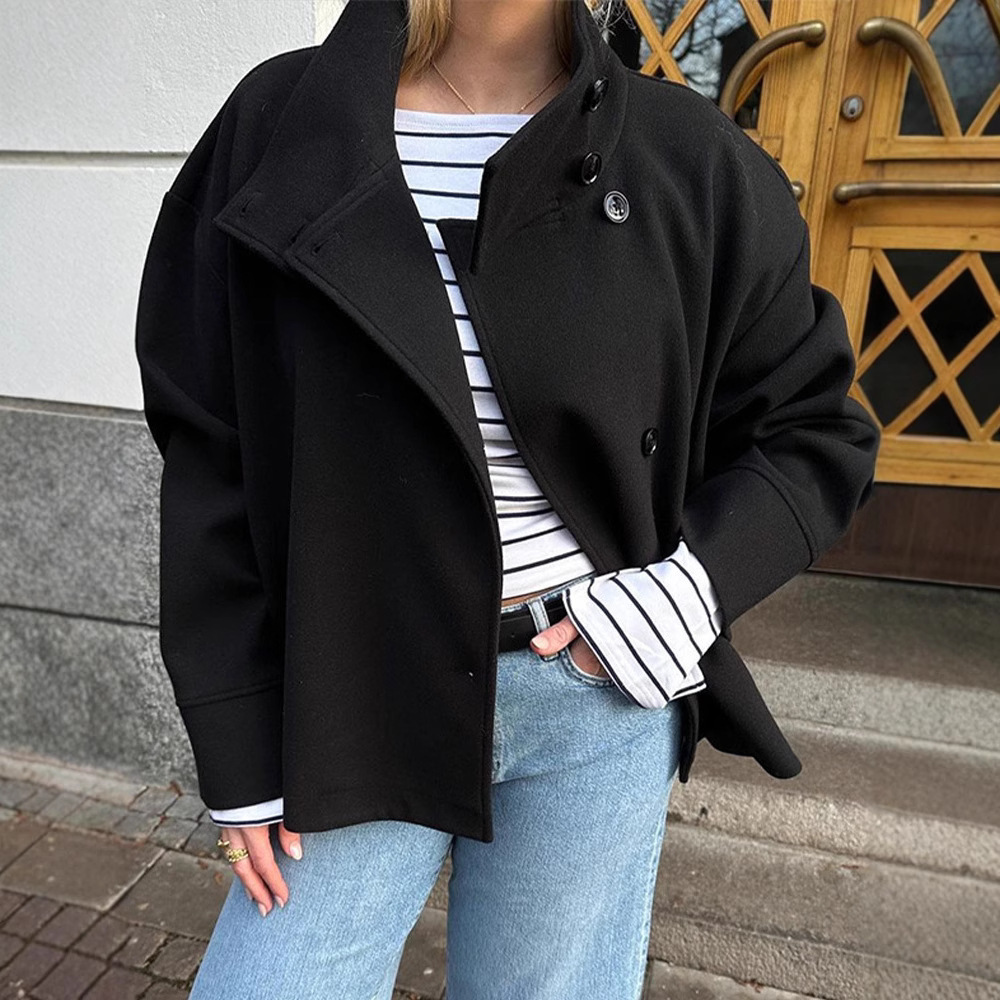 Women's Elegant Stand Collar Button Long Sleeve Wool Coat