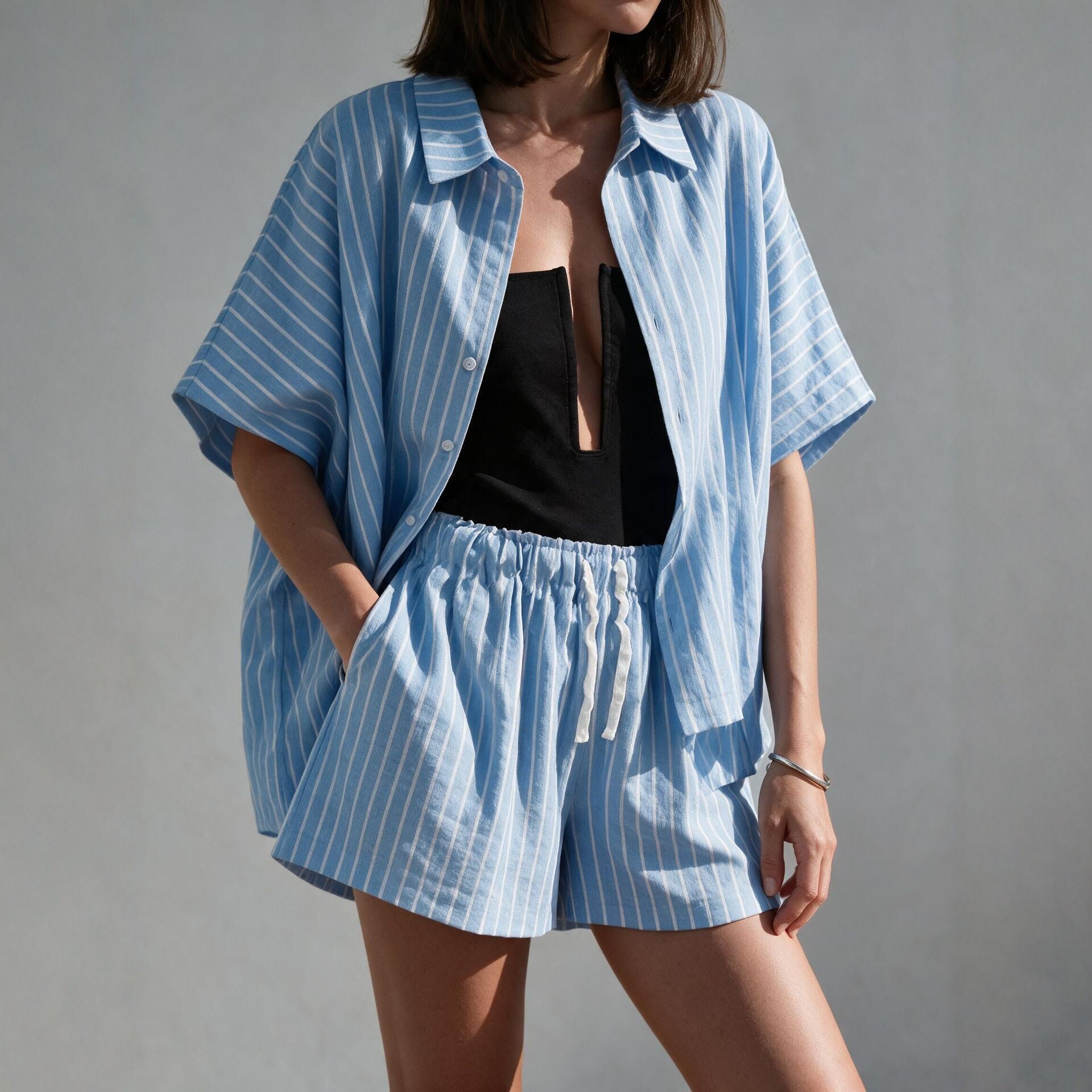 Striped Short Sleeve Shirt and Pocket Shorts Casual Two-Piece Set