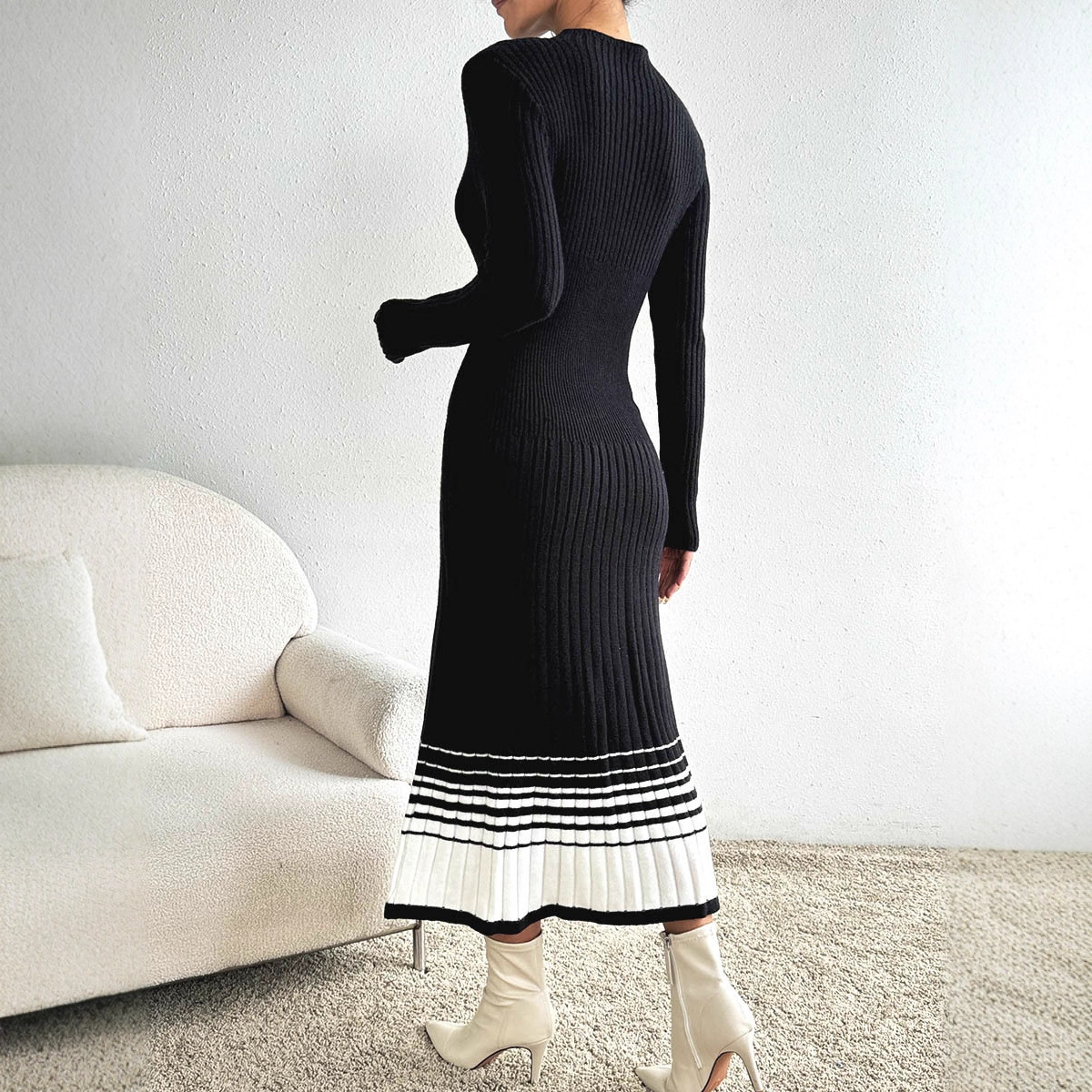 Women's Black and White Striped Pleated Sweater Dress Long Sleeve Crew Neck
