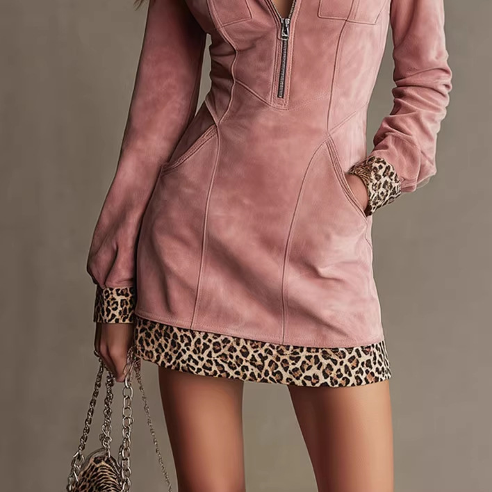 Pink Leopard Faux Suede Long Sleeve Mini Dress
