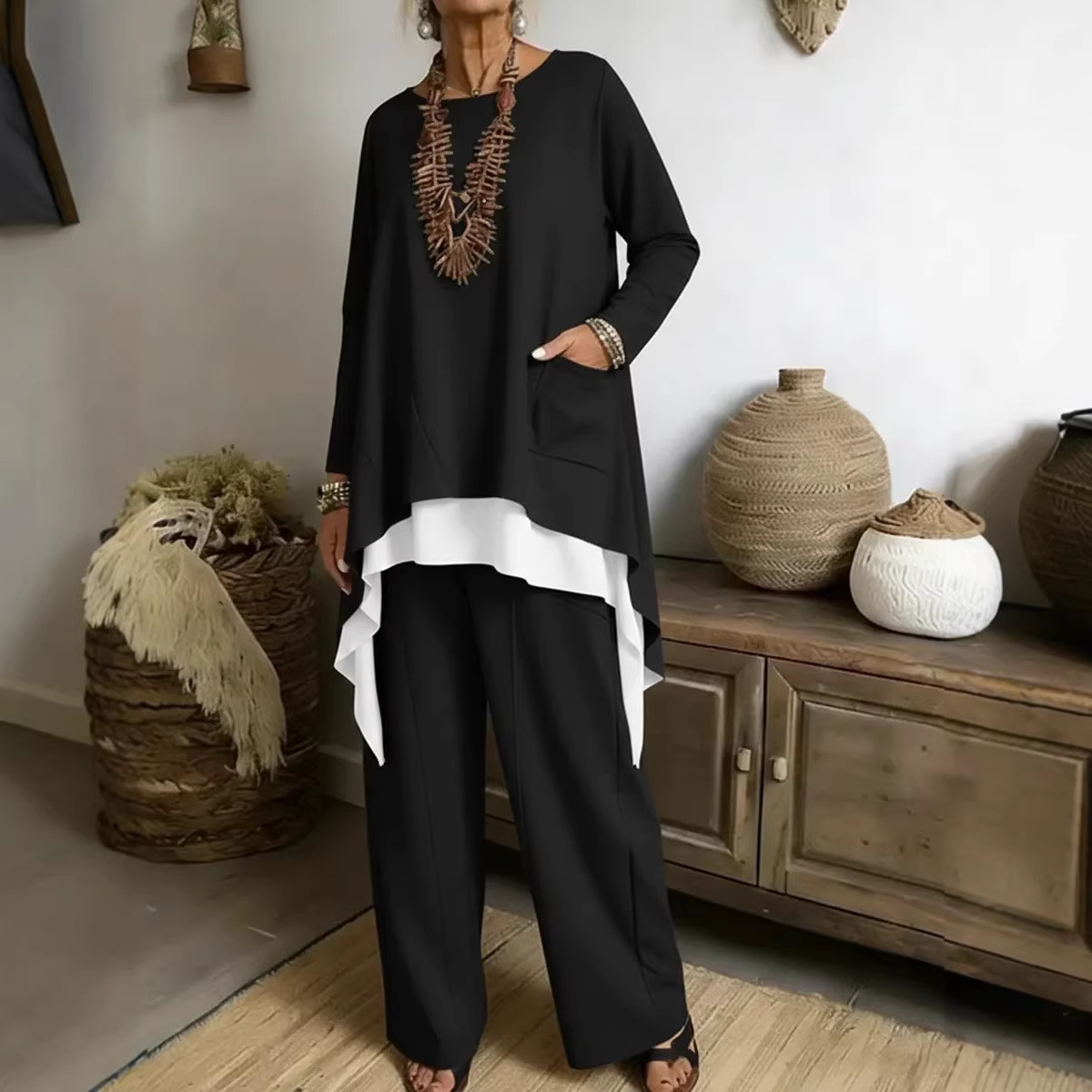 Women's Colorblock Long Hem 2-Piece Knit Sweater and Pants Set