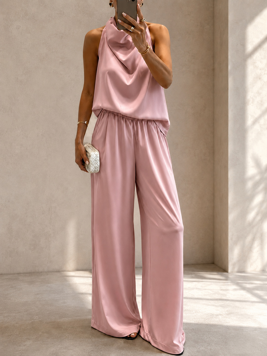 Women's Summer Halter V-Neck Sleeveless Top & High-Waist Wide-Leg Pants Set