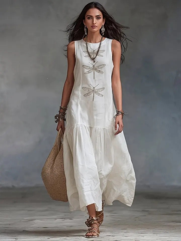 Women's Casual Round Neck Loose Sleeveless Solid Color Dragonfly Dress