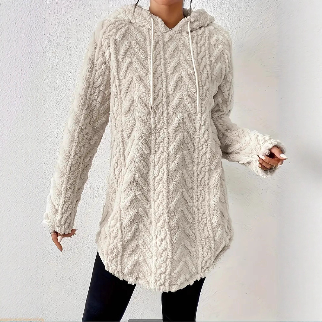 Solid Hooded Long-Sleeve Drawstring Fleece Sweater