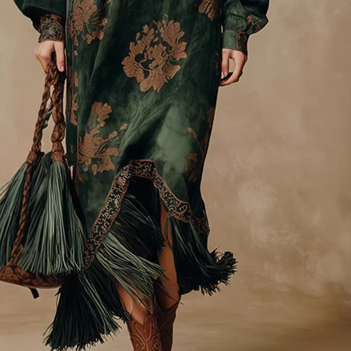Retro Silhouette Print Green Faux Suede Fringe Long Dress