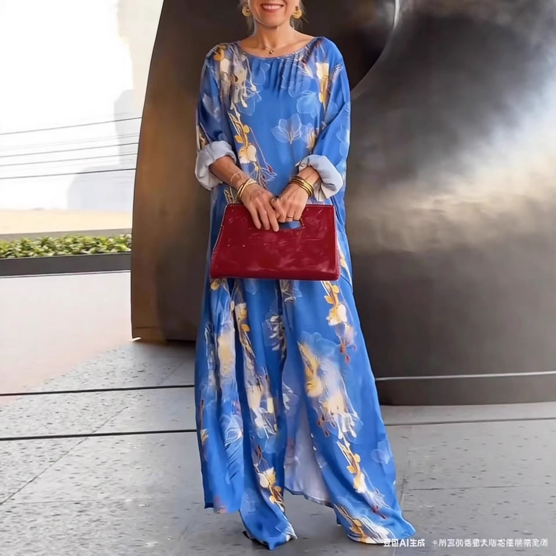 Women's Printed Round Neck Irregular Long Top and Wide-Leg Pants Casual Set