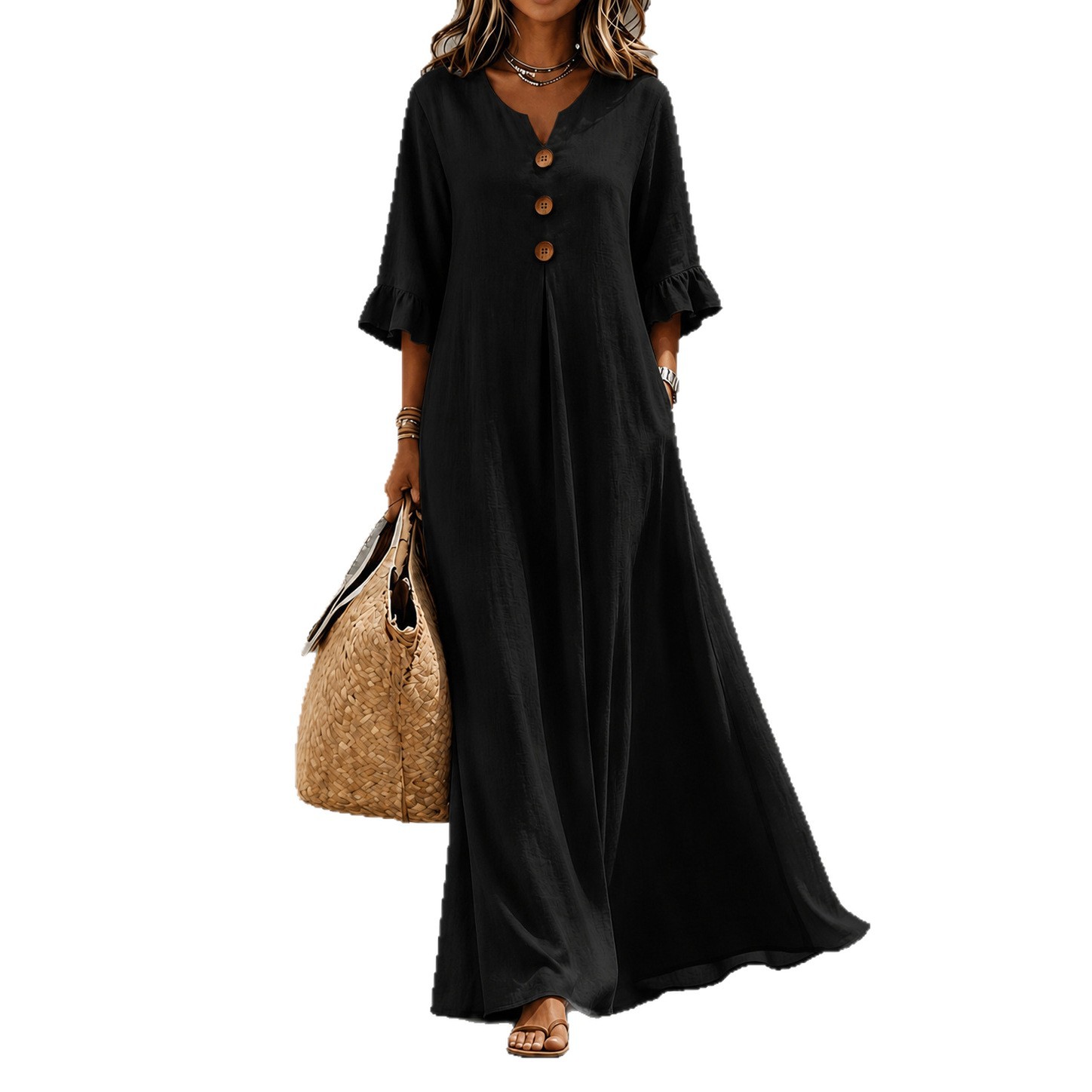 V-Neck Button Bubble Sleeve Loose Long Dress