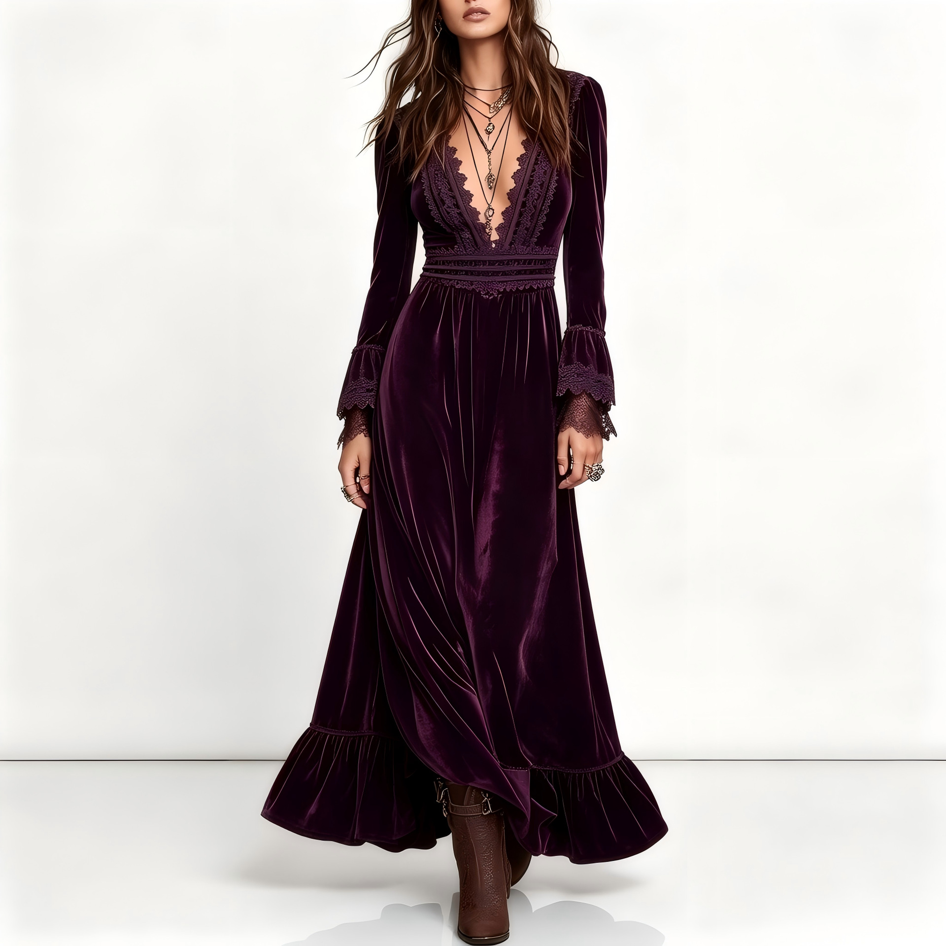 Western Vacation Lace-Trim Velvet Dress