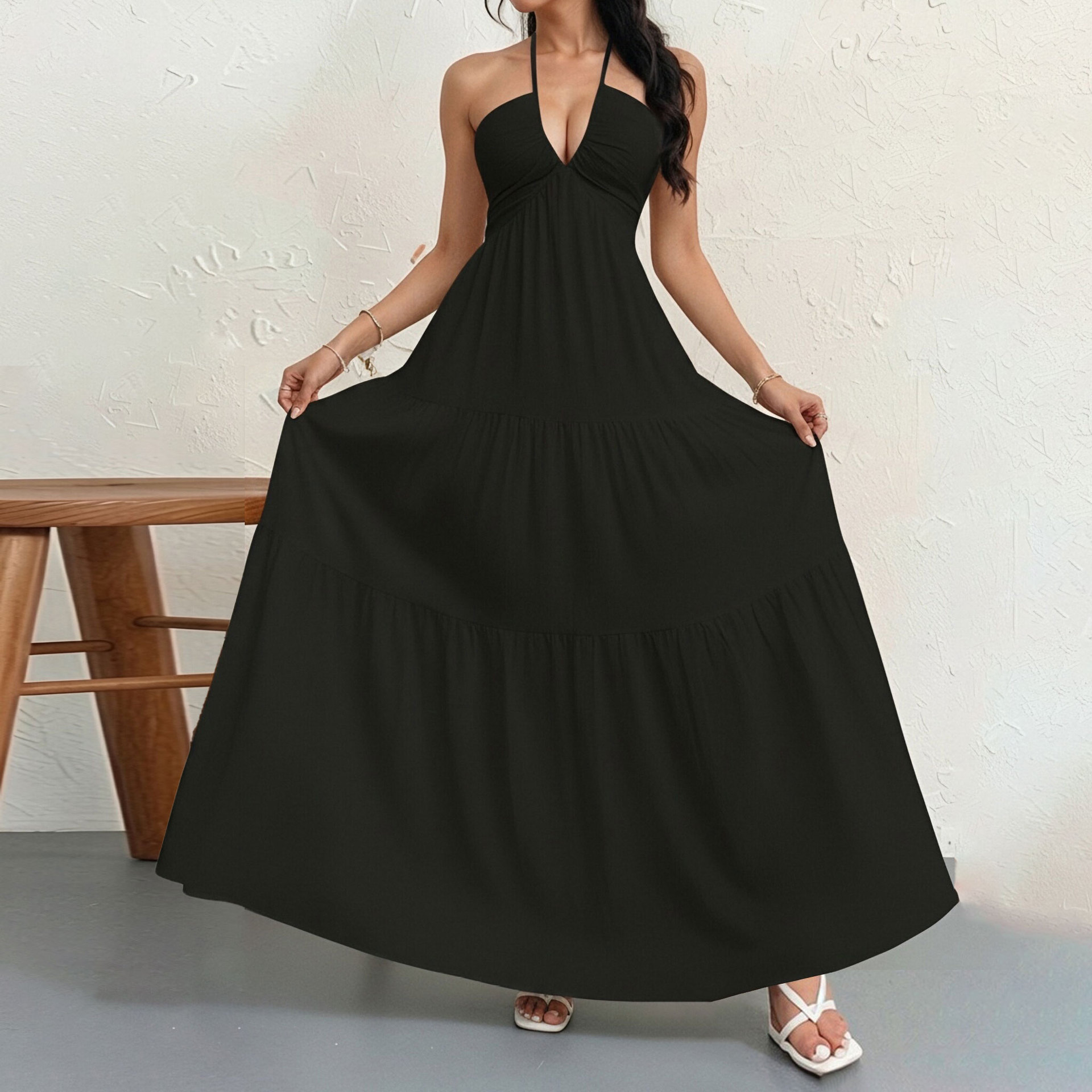 Sexy Halter Deep V Backless Tie Vacation Maxi Dress