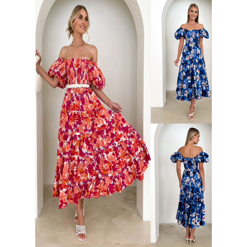 Square Neck Lantern Sleeve High Waist Off-Shoulder Loose Long Dress