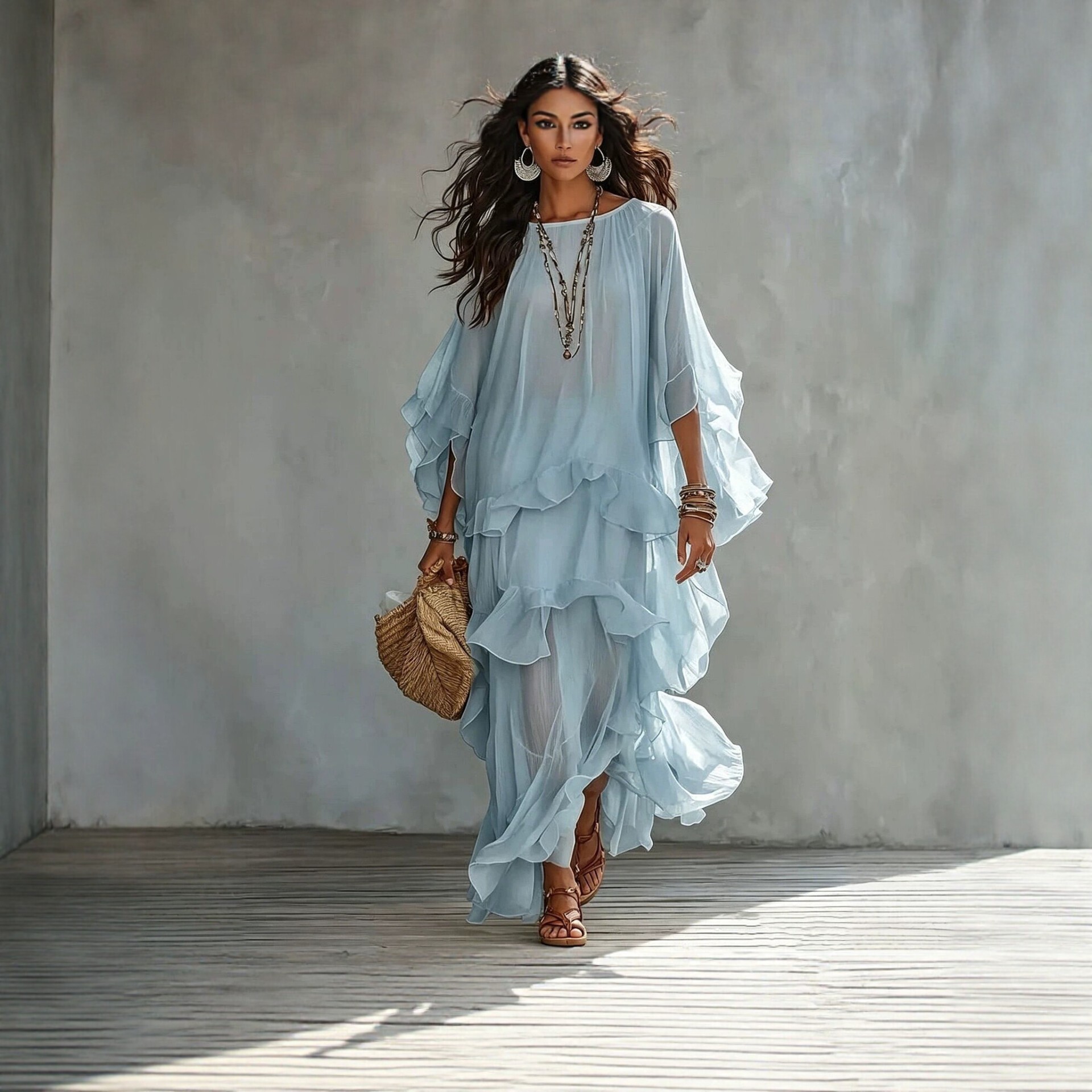 Bohemian Ruffle Long Dress Women's Loose Elegant A-Line Beach Vacation Dress
