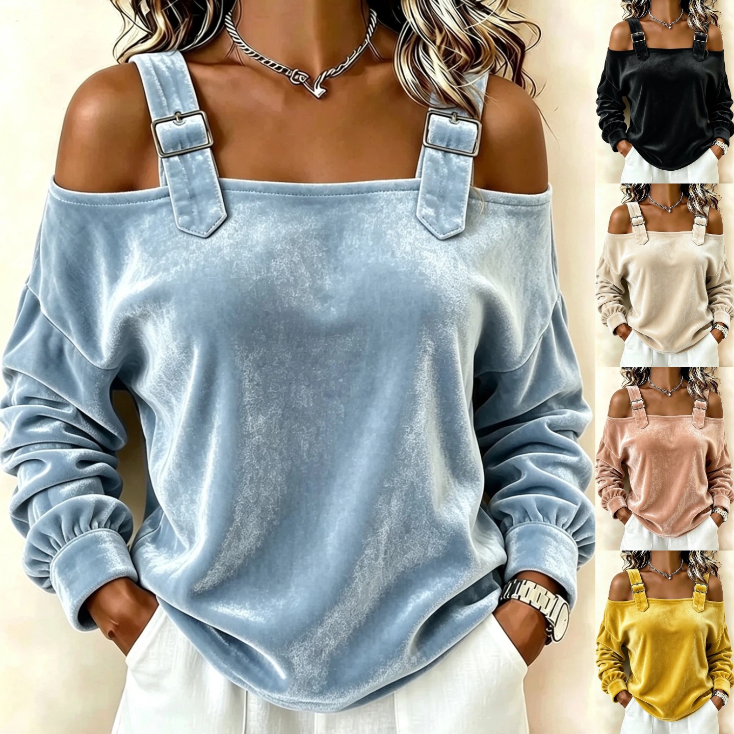 Off-Shoulder One-Line Neck Long-Sleeve Knit Top