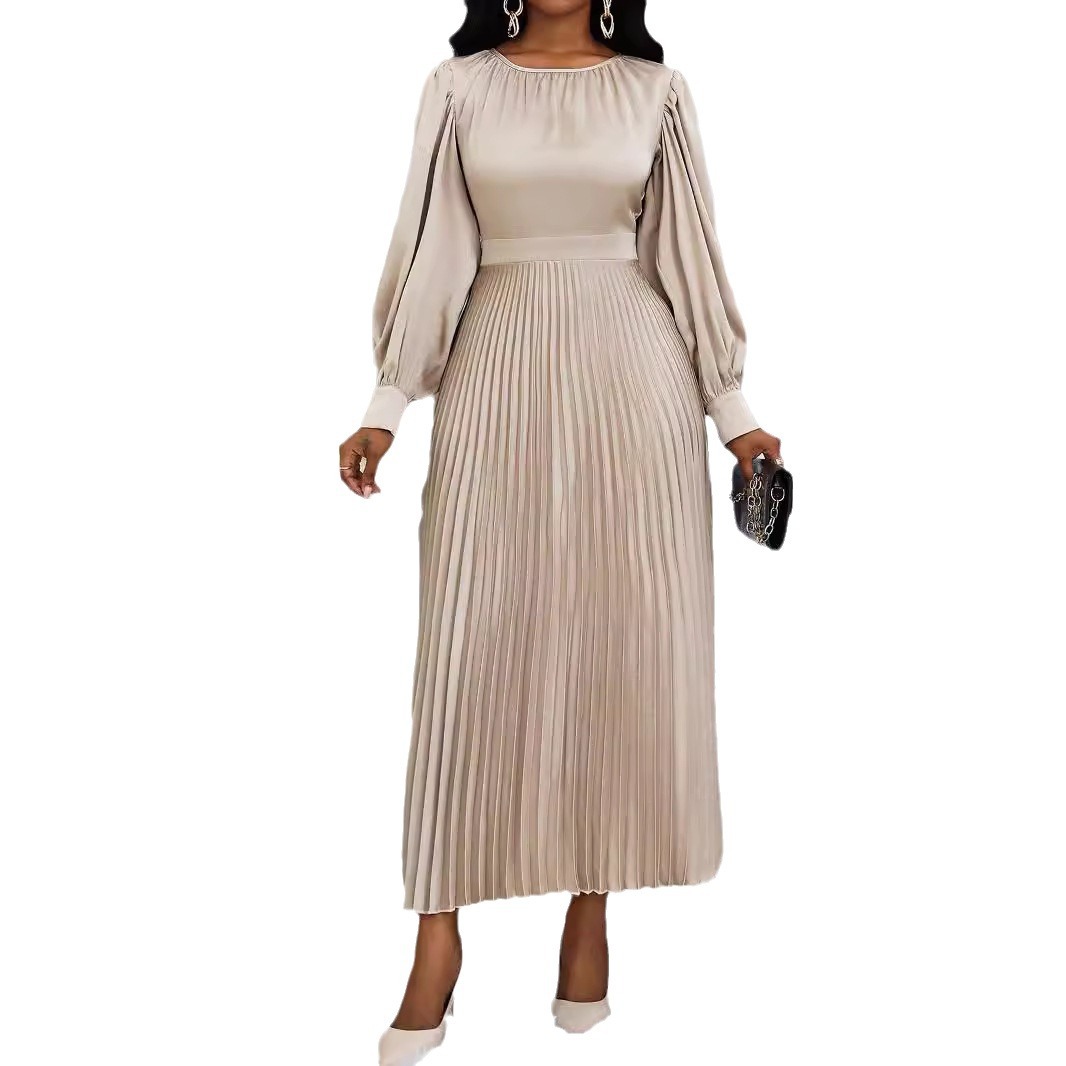 Women's Pleated Long Sleeve Loose Waist Dress