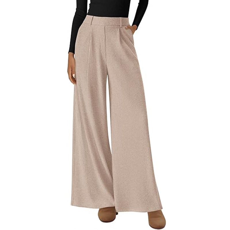 Ribbed Wide-Leg Loose Straight Pants with Elastic Waist