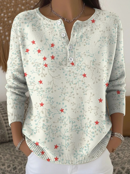 Women's Christmas Tree Snowman Scarf Print Button Sweatshirt