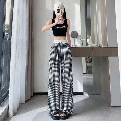 Women's Plaid Wide-Leg Pants High Waist Drawstring