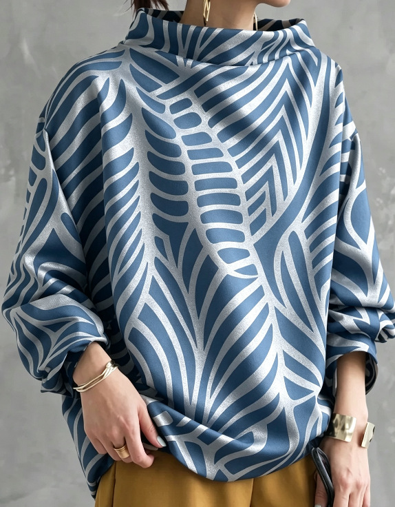 Women's Long Sleeve Loose Colorblock Print High Neck Sweatshirt