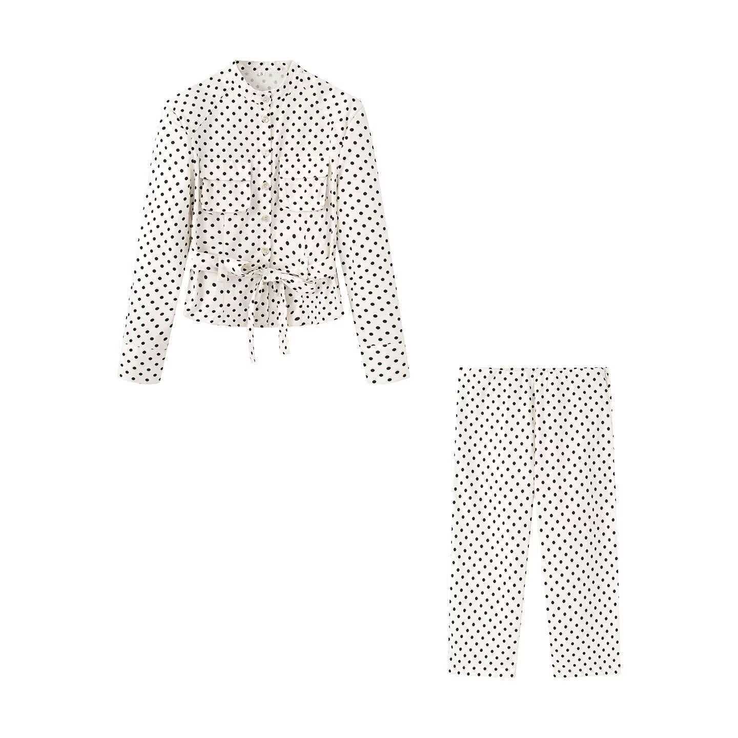 Women's Polka Dot Stand Collar Shirt and Pants Set