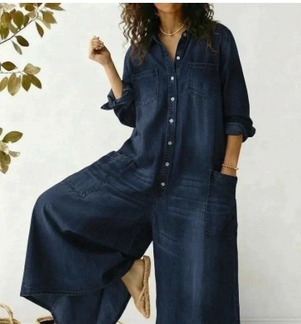 Soft Denim Jumpsuit with Long Sleeves, Collared Neck, Chest Pockets, Side Pockets, Loose Wide Leg