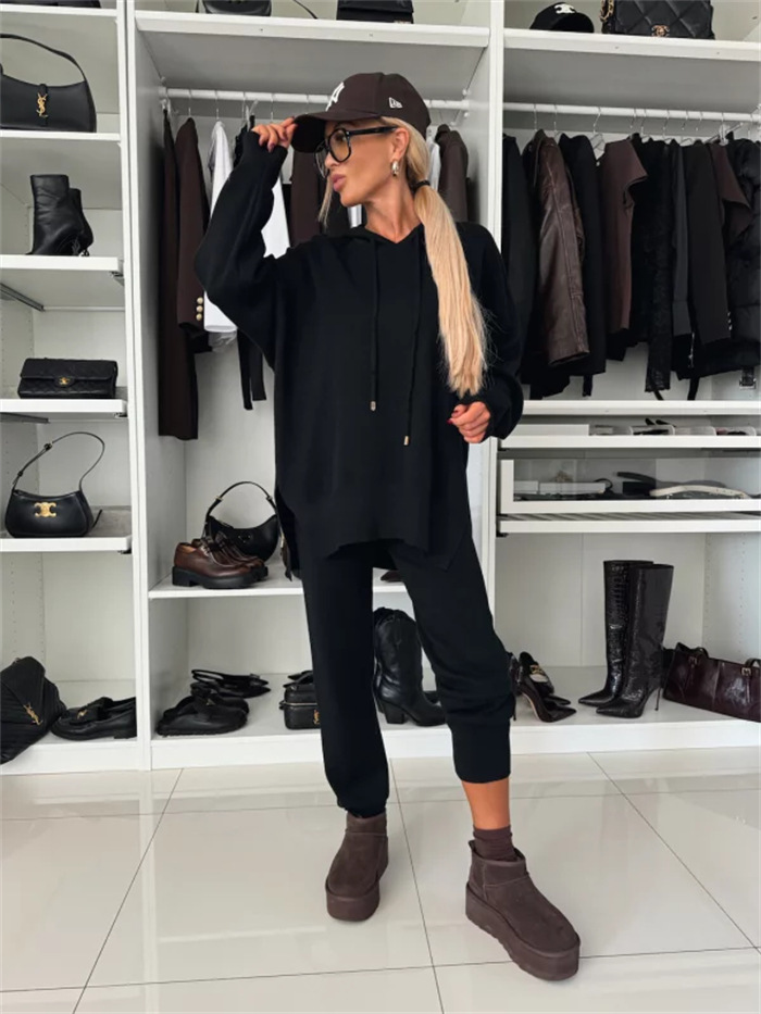 Women's Solid Color Loose Hooded Knit Two-Piece Set