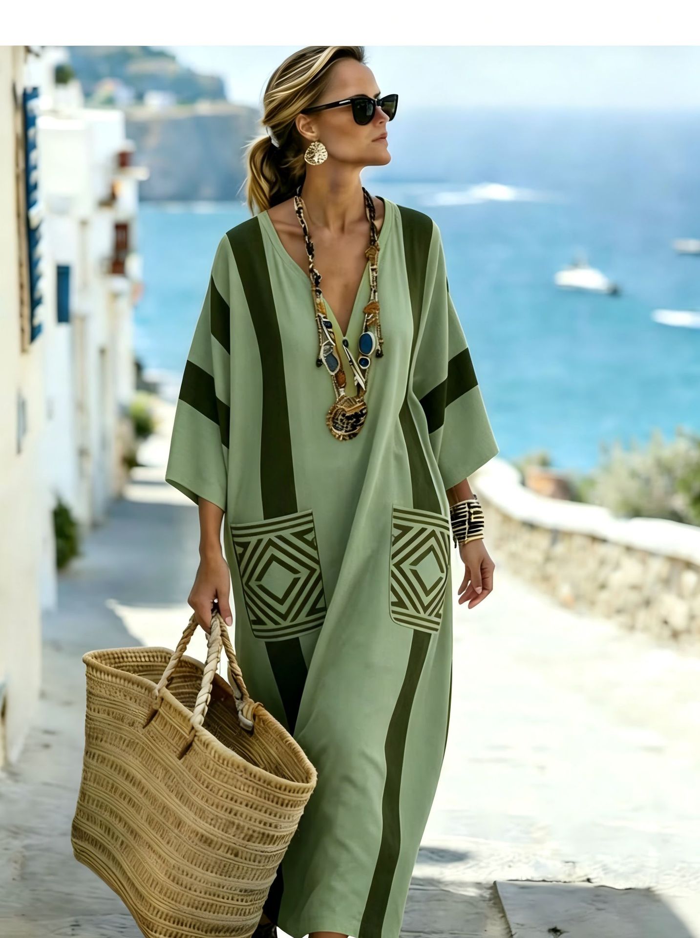 Women's Boho Floral Print Midi Dress Deep V-Neck Five-Sleeve Slim Fit