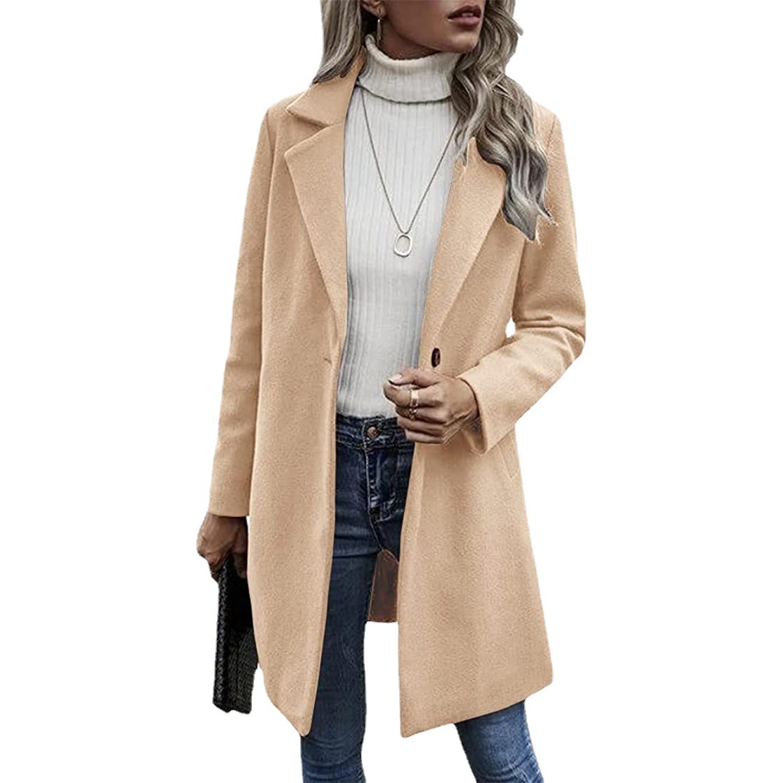 Women's Solid Button Wool-Like Coat Long Sleeve Loose Fit