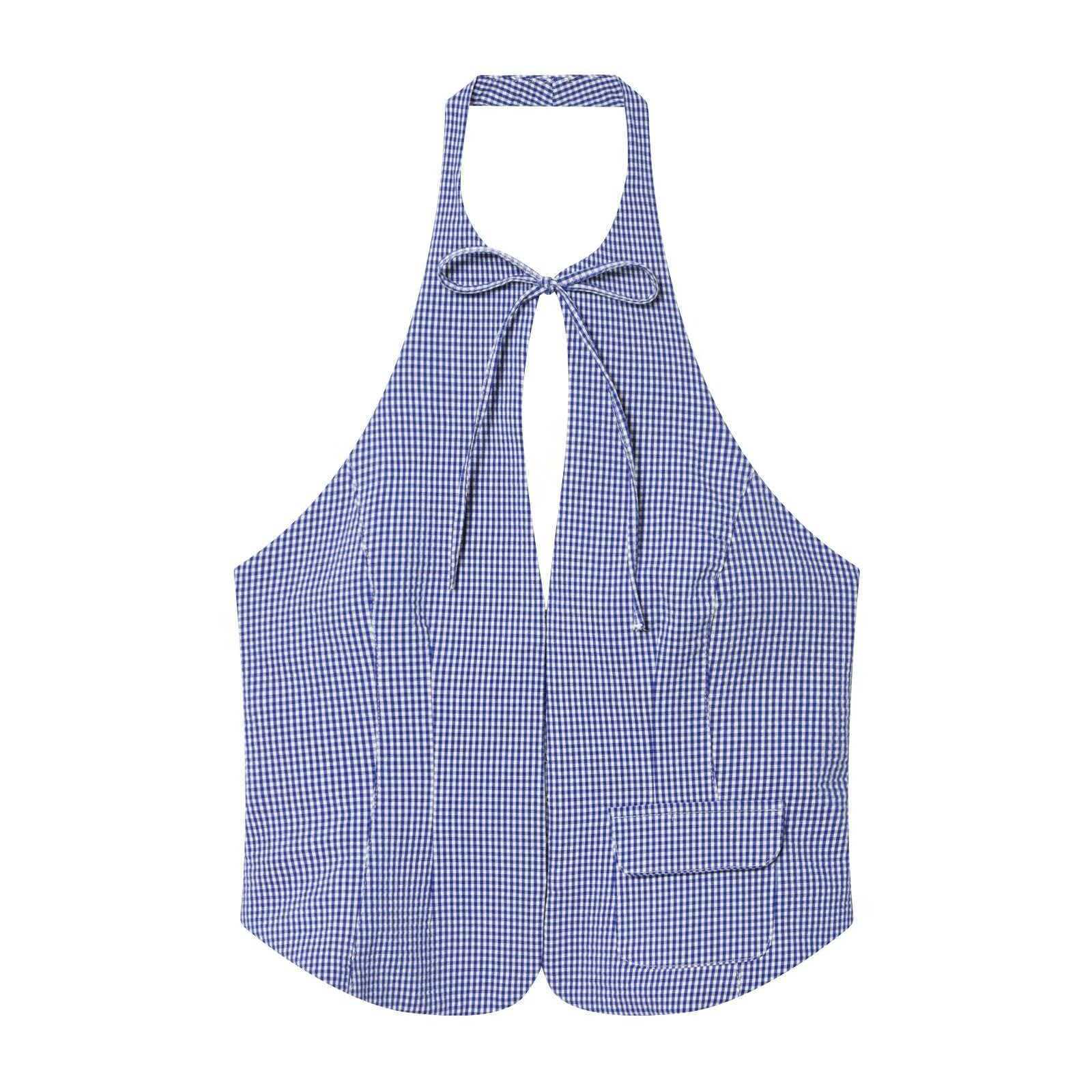 Women's Plaid Halter Vest Sleeveless Button-Down Slim Fit