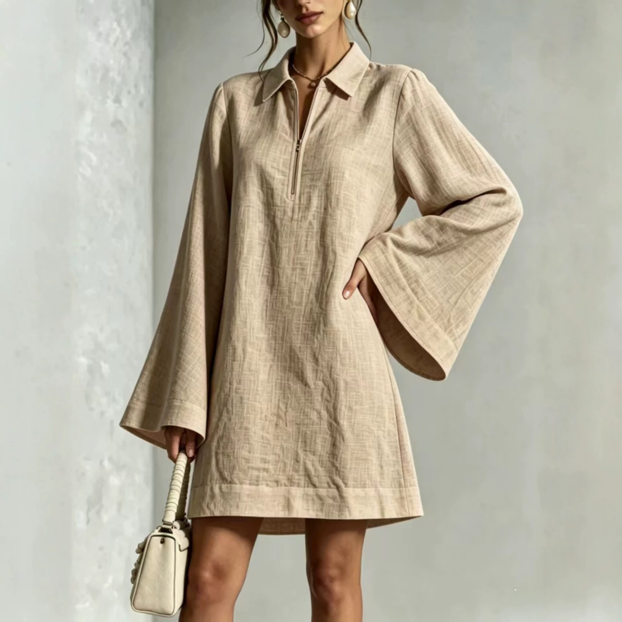Solid Color Half-Zip Collared Loose Lightweight Long-Sleeve Casual Dress